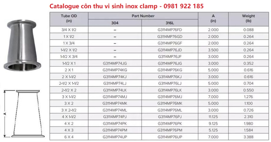 catalogue côn thi vi sinh inox clamp